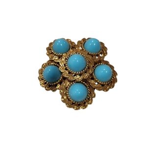 Vintage metal faux turquoise cabochon and gold robbins egg brooch